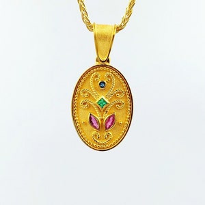 Gold Byzantine Pendant, Gold Handmade Pendant, Precious Stones, Solid Gold 14k, Greek Jewelry