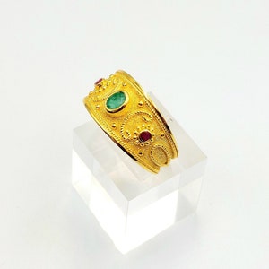 Gold Byzantine Ring, Gold Emerald Ruby Sapphire Ring, Solid Gold 14k, Greek Jewelry
