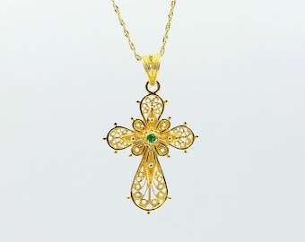 Gold Filigree Cross, Handmade Cross, Byzantine Cross, Saphire Cross, Greek Jewelry, 18k Solid Gold