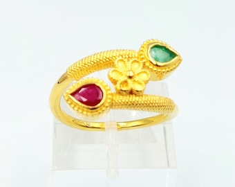 Gold Byzantine Ring, Gold Emerald Ruby Ring, Solid Gold 18k, Greek Jewelry