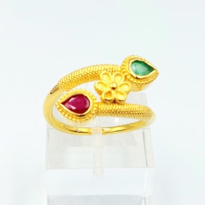 Gold Byzantine Ring, Gold Emerald Ruby Ring, Solid Gold 18k, Greek Jewelry