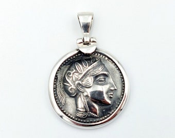 Silver Coin Pendant, Ancient Greek Coin, Museum Replica, Goddess Athena, Athena&#39;s Owl, Greek Jewelry, Gold Plated