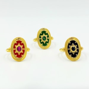 Gold Byzantine Ring, Gold Enamel Ring, Solid Gold 18k, Precious Stone ring, Greek Jewelry