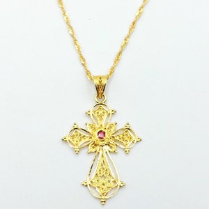 Gold Filigree Cross, Handmade Cross, Byzantine Cross, Saphire Ruby Emerald, Greek Jewelry, 18k Solid Gold