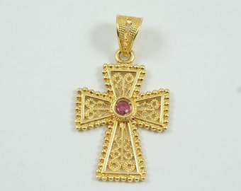 Gold Filigree Cross, Handmade Cross, Byzantine Cross, Gold Pendant, Greek Jewelry, Ruby, 18k Solid Gold