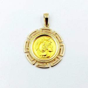Gold Goddess Athena Pendant, Gold Greek Key Pendant, Alexander the Great, Greek Jewelry, Solid Gold 14k