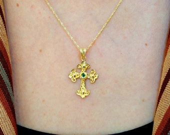 Gold Filigree Cross, Handmade Cross, Byzantine Cross, Sapphire Cross, Greek Jewelry, 18k Solid Gold