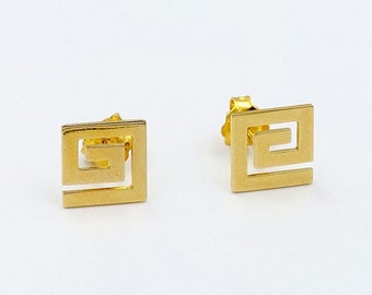 Greek Key Earrings, Gold Greek Key Studs, Gold Earrings,  Greek Key Studs, Meander Earrings, 14k Gold