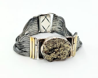 Pulsera de pirita de plata, pulsera tradicional, joyería griega, pulsera boho