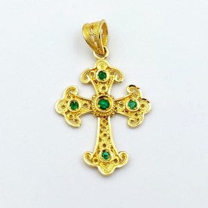 Gold Filigree Cross, Handmade Cross, Byzantine Cross, Emerald Cross, Greek Jewelry, 18k Solid Gold