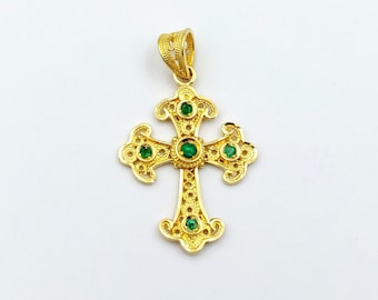 Gold Filigree Cross, Handmade Cross, Byzantine Cross, Emerald Cross, Greek Jewelry, 18k Solid Gold