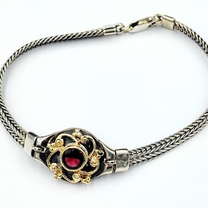 Gold 14k Silver Bracelet, Handmade Bracelet, Garnet Bracelet, Greek Jewelry