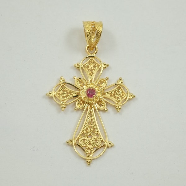 Croix en filigrane d'or, croix faite à la main, croix byzantine, croix rubis, bijoux grecs, or massif 18 carats