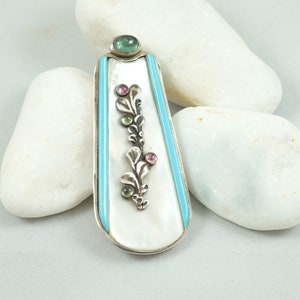 Unique Silver Pendant, Handmade Jewelry, Mother of Pearl, Turquoise Pendant, Tourmaline Stones