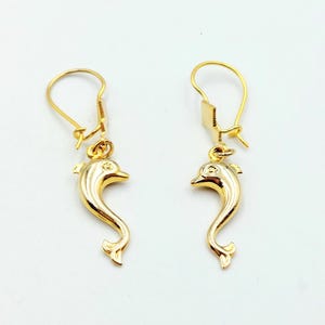 Gold Dolphin Earrings, Dangle Dolphin Earrings, Solid Gold 14k, Greek Jewelry
