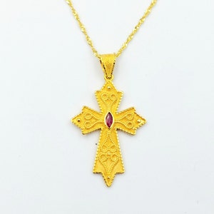 Gold Byzantine Cross, Gold Handmade Cross, Ruby Cross, Solid Gold 14k, Greek Jewelry