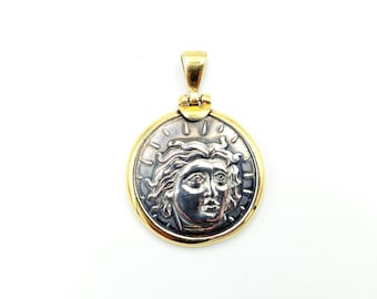 God Apollo Coin Pendant, Silver Coin Pendant, Museum Replica, Greek Jewelry, Gold Plated