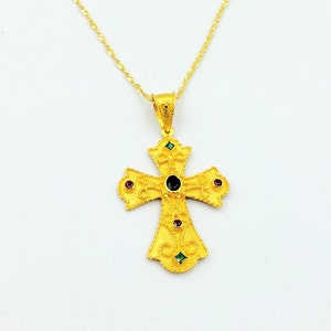 Gold Byzantine Cross, Gold Handmade Cross, Sapphire Cross, Solid Gold 14k, Greek Jewelry