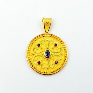 Gold Byzantine Pendant, Gold Handmade Pendant, Precious Stones, Solid Gold 14k, Greek Jewelry