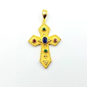 Gold Byzantine Cross, Gold Handmade Cross, Precious Stones, Gold Pendant Cross, Greek Jewelry