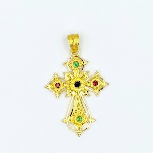 Gold Filigree Cross, Handmade Byzantine Cross, Precious Stones, Greek Jewelry, 18k Solid Gold