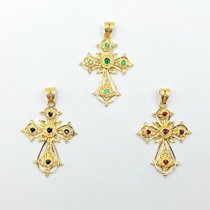 Gold Filigree Cross, Handmade Cross, Byzantine Cross, Sapphires Rubies Emeralds, Greek Jewelry, 18k Solid Gold