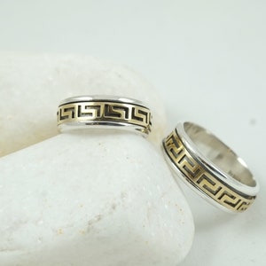 Silver and Gold Ring, Sterling Silver, 14k Solid gold, Wedding ring, Band Ring, Greek Key, Greek Ring, Spinner Ring