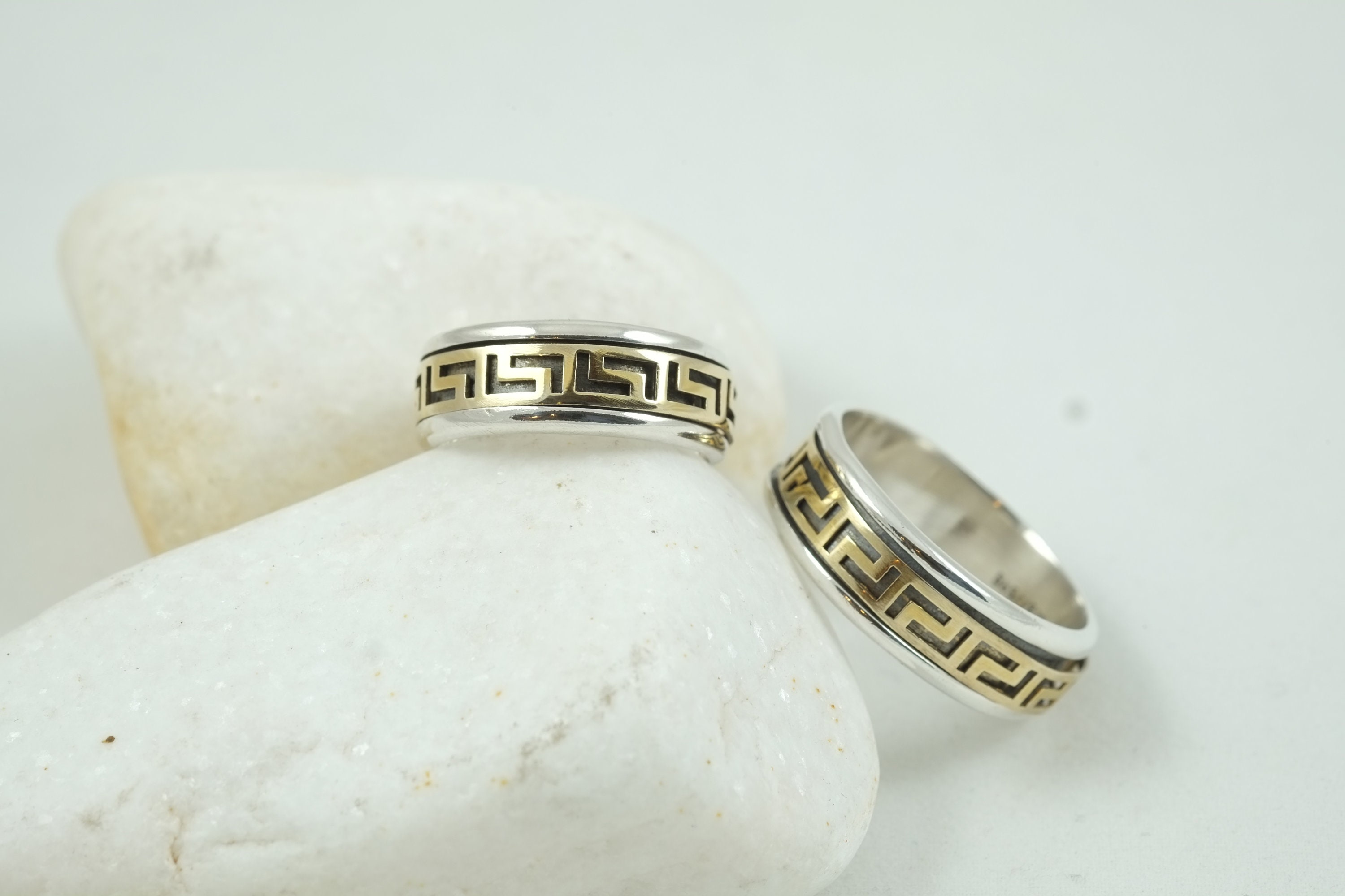 Silver and Gold Ring, Sterling Silver, 14k Solid gold, Wedding ring, Band Ring, Greek Key, Greek Ring, Spinner Ring