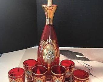 Vintage Venetian Red Hand Painted Flower Decanter And Glasses Gold