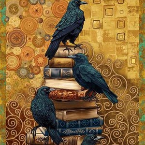 May include: An artistic depiction of five black crows perched on a stack of antique books. The books have aged, textured covers in shades of brown and blue. The background features a decorative, golden design with circular and square patterns.