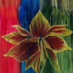 May include: Abstract painting on canvas with a large red flower in the foreground. The background is a colorful abstract design with streaks of red, blue, green, and yellow paint.