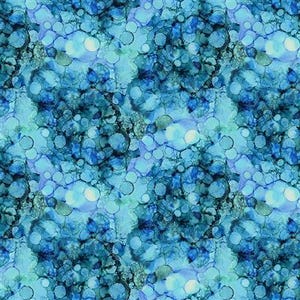 May include: Abstract seamless pattern with blue, teal, and green watercolor circles. The circles are overlapping and create a swirling effect.