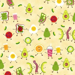 May include: A colorful illustration of various food items with cartoon faces, including avocado, toast, eggs, bacon, orange, and a smoothie. The food items are all smiling and have arms and legs.