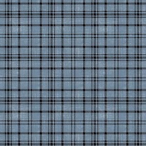 May include: A seamless pattern featuring a classic plaid design. The pattern consists of intersecting black lines on a light blue background, creating a grid-like structure. The fabric has a slightly textured appearance.