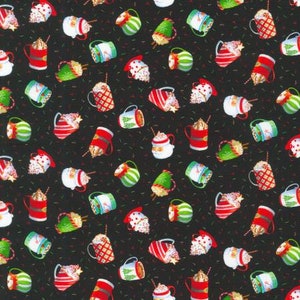 May include: A black background with a repeating pattern of colorful mugs with various holiday designs. The mugs are filled with a white substance that looks like hot chocolate or coffee. The mugs are decorated with red, green, and white sprinkles.