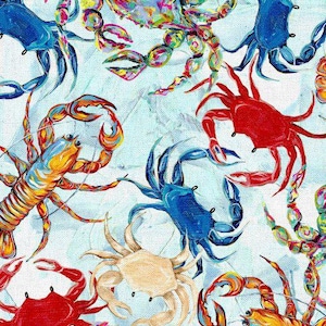 May include: A vibrant, artistic pattern featuring various crustaceans. The design includes red, blue, yellow, and orange crabs and lobsters on a light blue background. The artwork has a painterly style, with visible brushstrokes and a textured appearance.