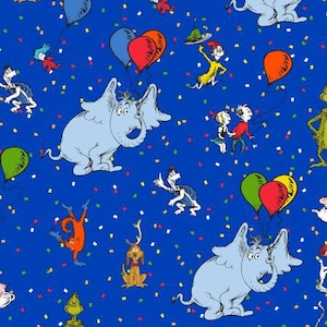 May include: A blue background with confetti and various characters from the book "The Cat in the Hat" including the Cat in the Hat, Thing 1 and Thing 2, and the Lorax. There are also blue and red balloons and a blue elephant.