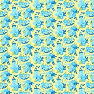 May include: A seamless pattern featuring blue and green floral bouquets on a pale yellow background.