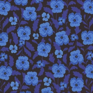May include: A repeating pattern of blue flowers and leaves on a dark brown background. The flowers are a vibrant blue with detailed petals, and the leaves are a darker shade of blue. The design is reminiscent of a floral fabric.