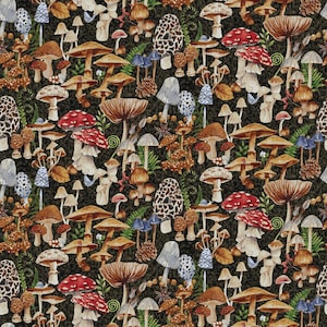 May include: A detailed pattern featuring a variety of mushrooms in shades of brown, red, and white, set against a dark green background. The design includes different mushroom types, ferns, and small blue accents, creating a natural, botanical theme.