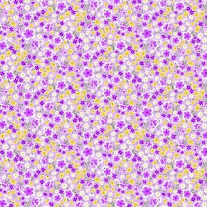 May include: A seamless pattern featuring a light purple background with a dense scattering of small white, yellow, and purple flowers.