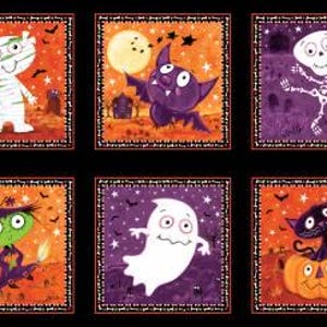 Graveyard Ghouls Glow in the Dark Halloween 7802G-99 black Six 10” blocks panel glow in the dark Halloween by Victoria Hutto for Studio E