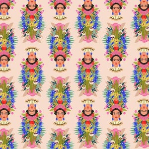 May include: A repeating pattern featuring a stylized portrait of Frida Kahlo with flowers and skulls. The background is a light pink color.