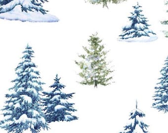 May include: A seamless pattern featuring watercolor illustrations of snow-covered pine trees in shades of blue and green against a white background.