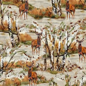 May include: A watercolor painting of a forest scene with white birch trees and brown deer. The deer are standing in the snow and the trees are covered in snow.