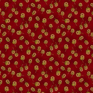 May include: A repeating pattern of small, stylized floral elements on a deep red background. The flowers have yellow centers with black dots and green leaves. This fabric design is suitable for quilting or crafting projects.