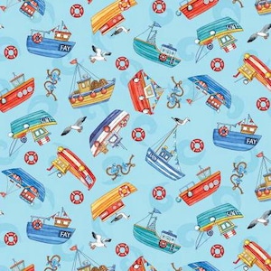 May include: A blue and white nautical themed fabric with a repeating pattern of small boats, life preservers, seagulls, and the words "Fay" and "Sunny".
