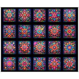 May include: A black background features a grid of twenty colorful floral designs. Each square showcases a unique, vibrant flower pattern in shades of pink, orange, blue, and green, framed by a neon border.
