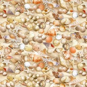 May include: A seamless pattern featuring a variety of seashells in shades of white, brown, and beige. The shells are arranged in a random pattern on a light beige background.
