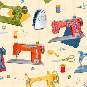 May include: A colorful pattern featuring sewing machines, spools of thread, scissors, buttons, and other sewing supplies on a light yellow background.